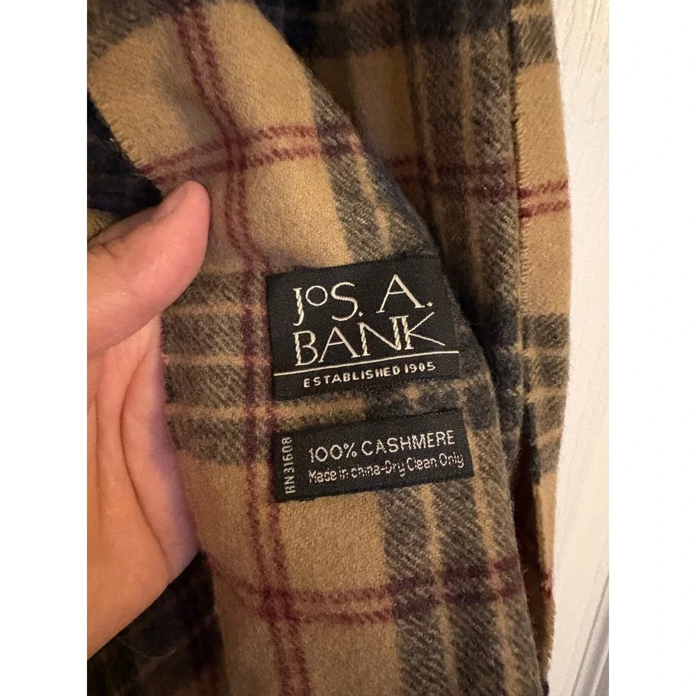 Jos. A. Bank Scarf Mens OS Tan Good 100% Cashmere Plaid Fringe Winter Accessory